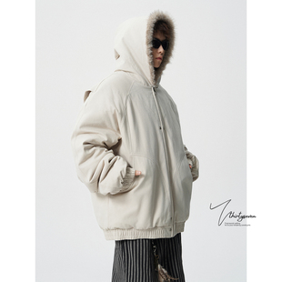 V37美式 座山雕连帽棉服男冬潮牌设计感毛领棉衣高街加厚情侣外套