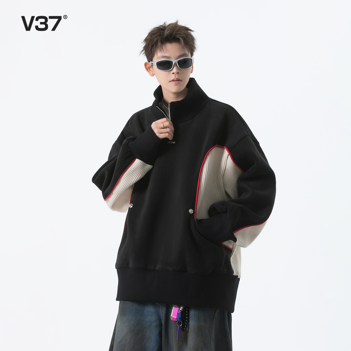 美式解构半拉链圆领卫衣