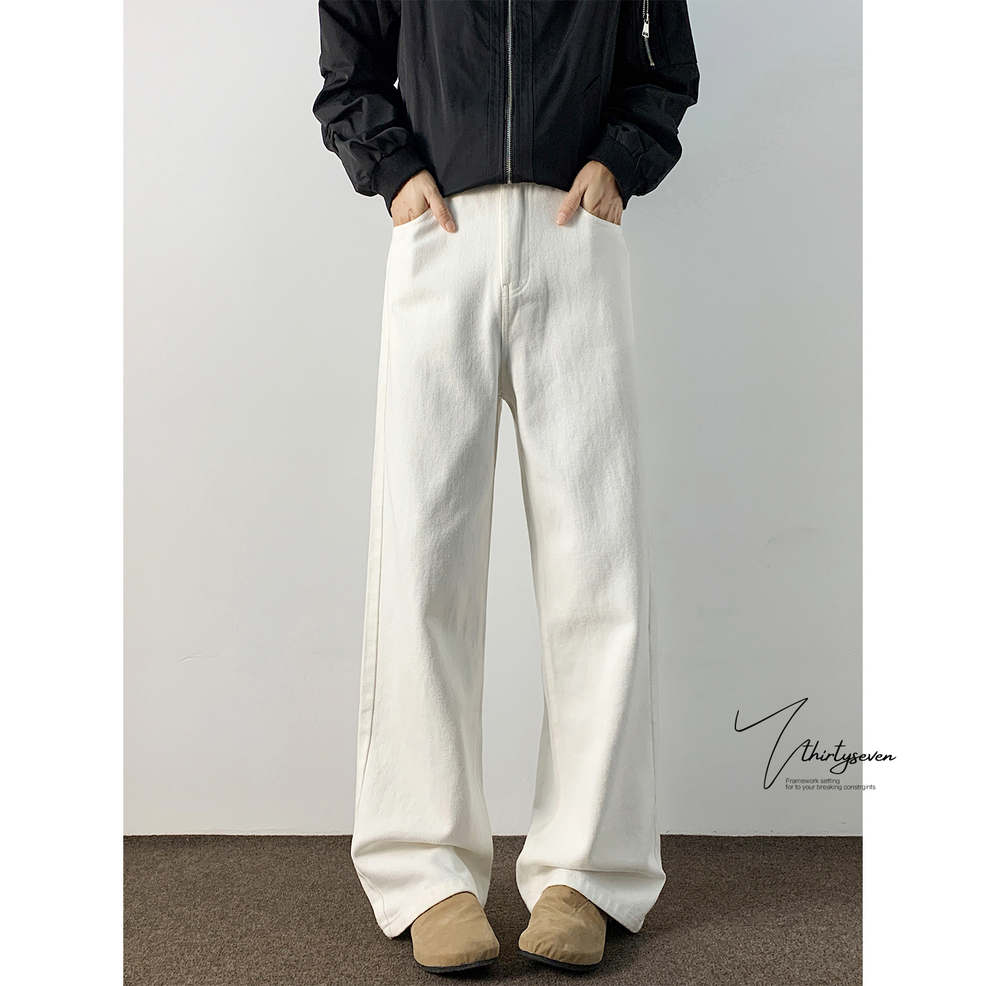 美式白色弯刀牛仔裤男生