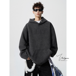 潮牌vintage扎染休闲帽衫 V37美式 高街痞帅钢印砂洗连帽卫衣男秋季