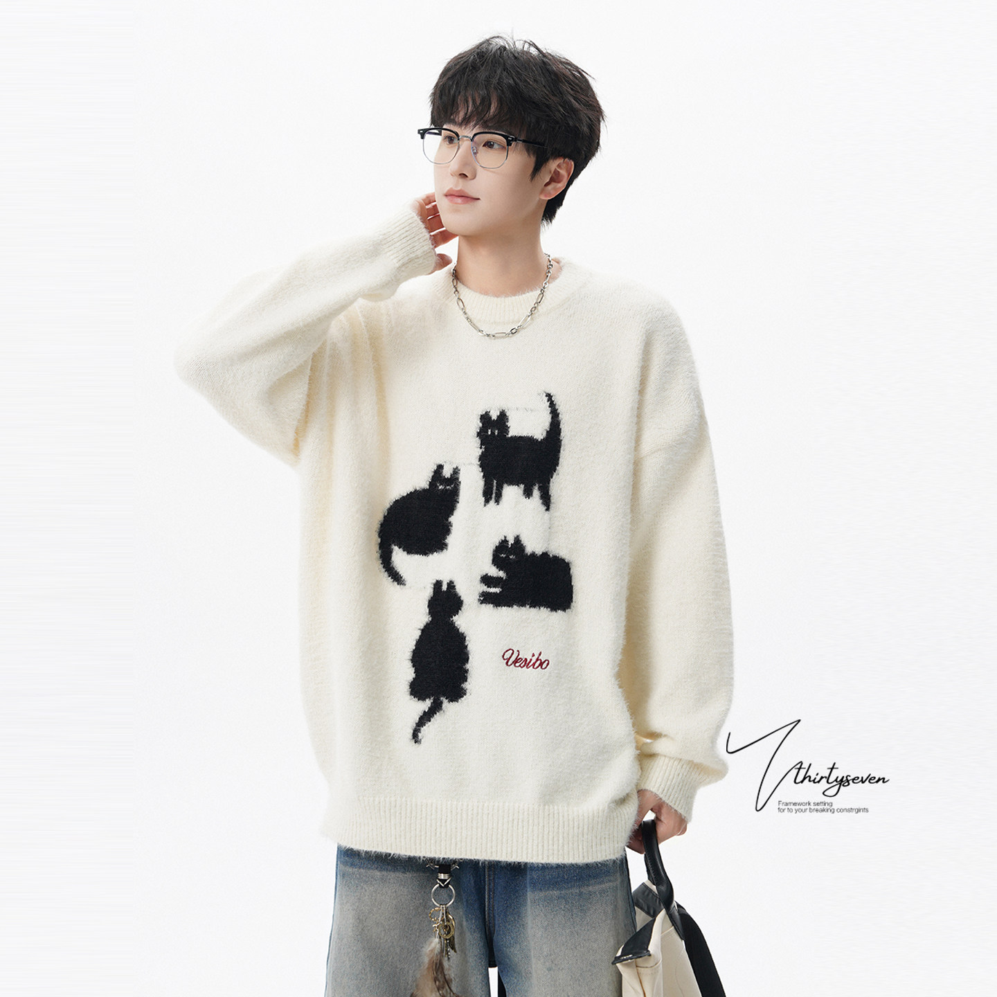 美式潮牌卡通猫咪针织衫