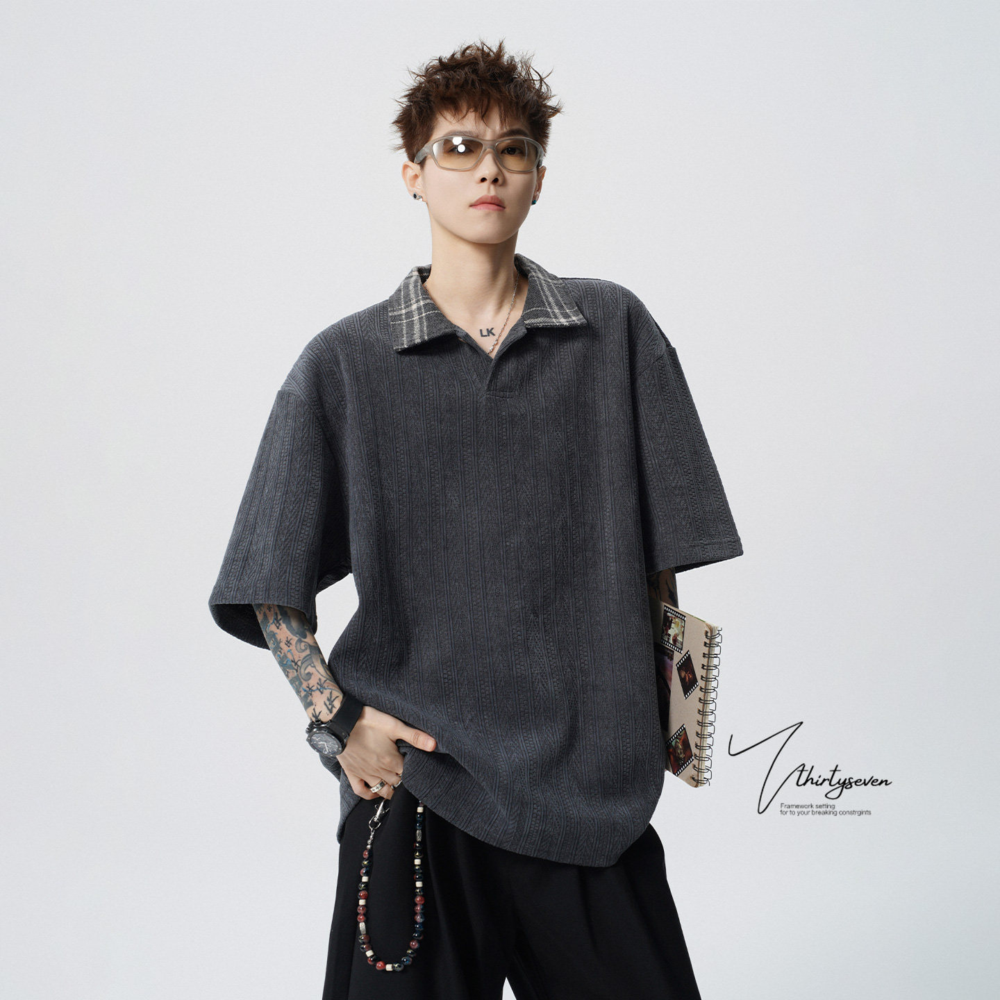 V37美式复古麦穗纹理polo衫短袖男夏季高级感撞色翻领休闲上衣潮