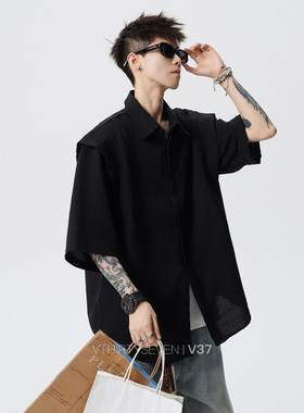 V37美式潮流黑色短袖衬衫男夏季设计感休闲衬衣开衫解构拼接T恤衫