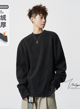 V37美式潮牌解构立裁黑色圆领卫衣男冬季加绒加厚宽松保暖长袖T恤