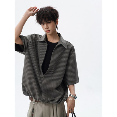 V37韩系假两件条纹短袖衬衫男