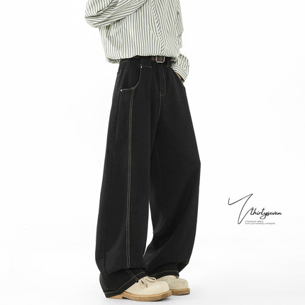 V37美式黑色直筒牛仔裤男秋季高街宽松阔腿长裤cleanfit百搭裤子