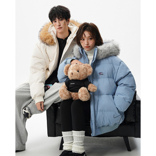 V37美式 复古毛领面包棉衣男冬高街vibe情侣连帽加厚防寒棉袄外套