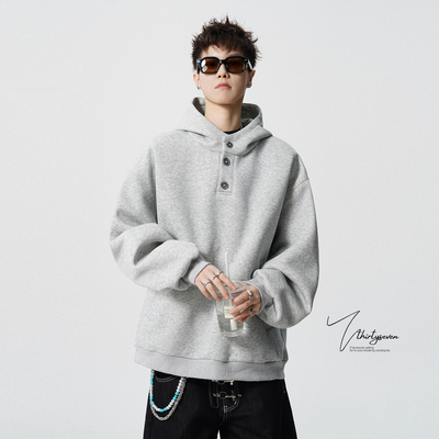 美式潮牌重磅纽扣连帽卫衣男款