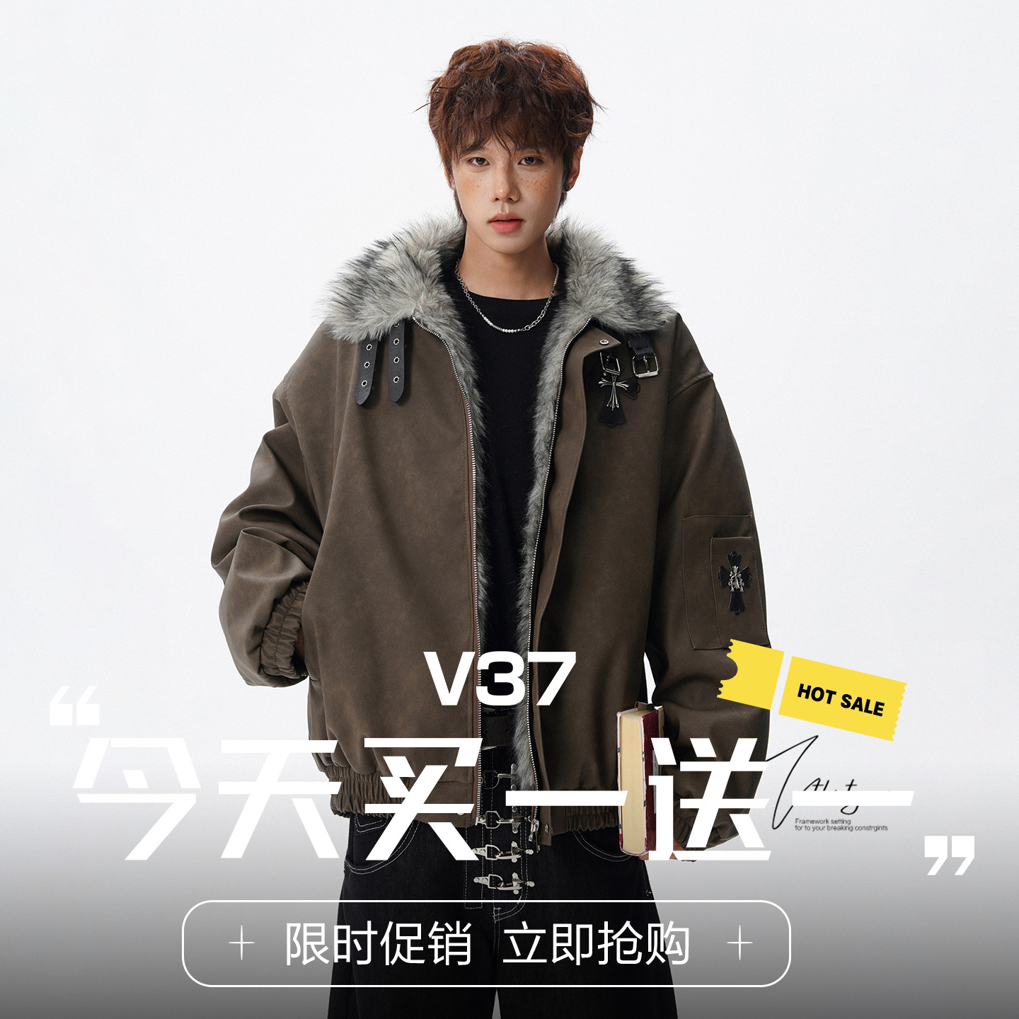 V37美式十字架加厚座山雕毛领棉衣男冬季保暖设计感宽松夹克外套