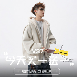 V37美式 潮牌杏色连帽棉衣男冬宽松休闲保暖外套高街百搭情侣上衣