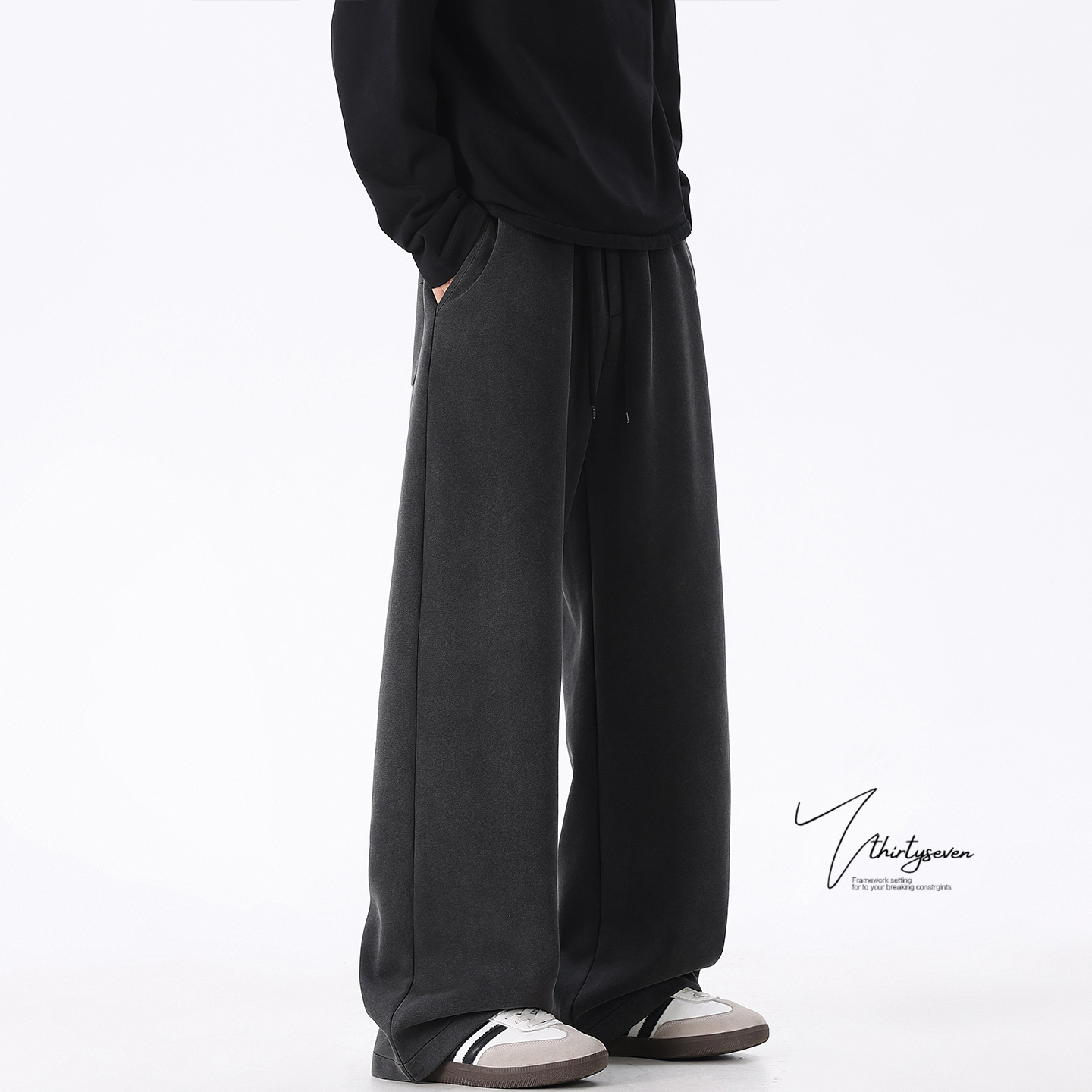 美式重磅黑色水洗痞帅休闲裤男