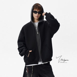 V37美式黑色假两件cleanfit连帽夹克男春季宽松潮流休闲开衫外套