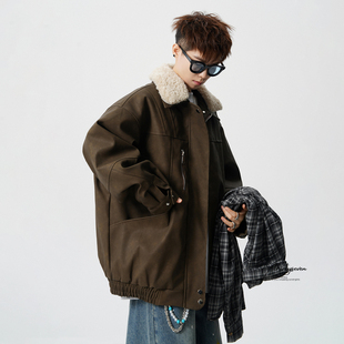 V37美式潮牌解构拼接毛领PU皮棉服男冬季复古美拉德加厚棉衣外套