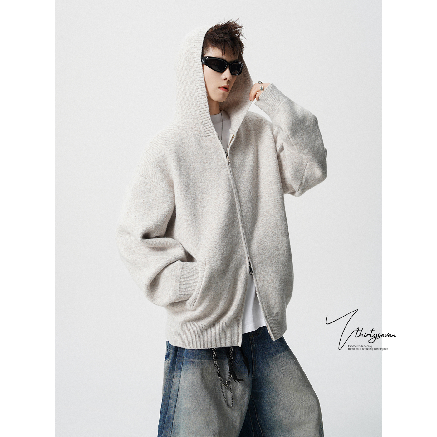 美式宽松慵懒风连帽针织衫男