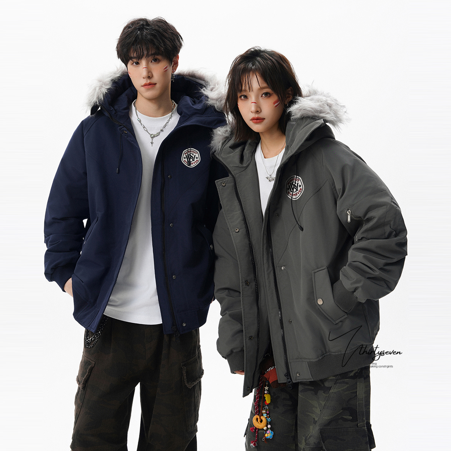 美式潮牌重磅刺绣徽章毛领棉衣