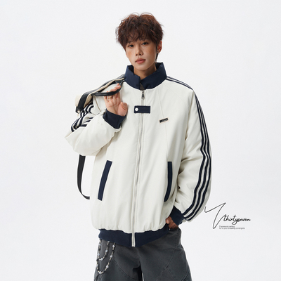 美式学院风撞色拼接立领棉衣男