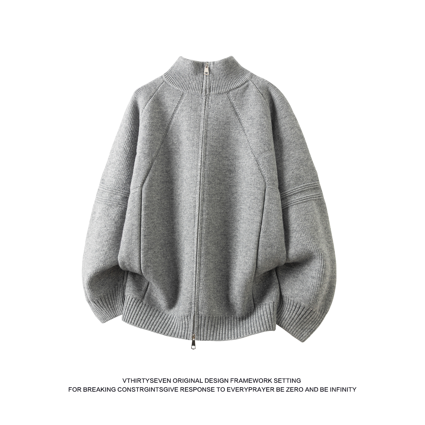 美式浅灰色双拉链立领针开衫毛衣