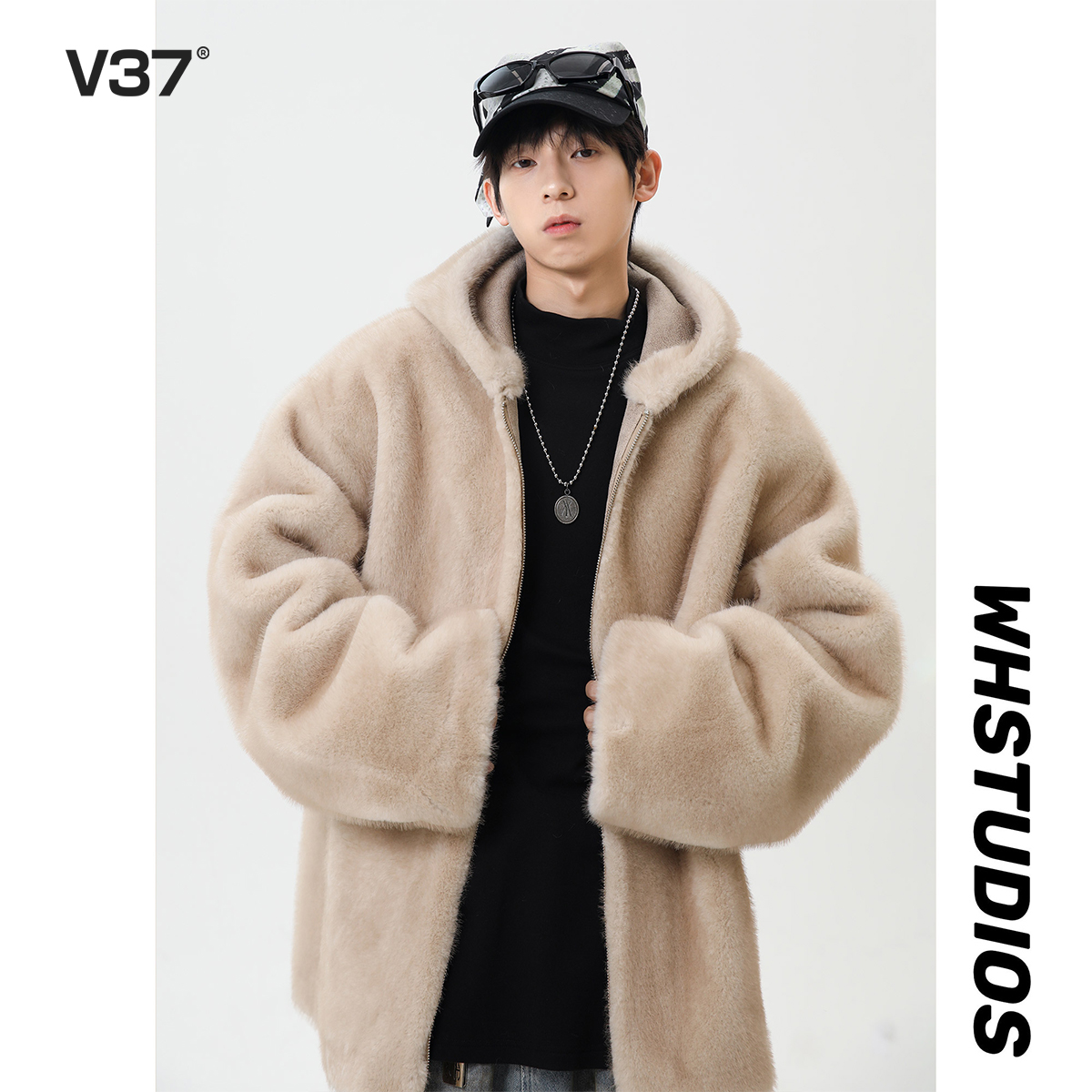 V37米色连帽棉服男款冬季新
