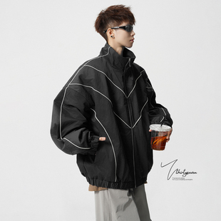 V37美式 潮流宽松保暖棉袄外套 高街运动风黑色立领条纹棉衣男冬季