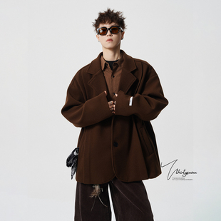 V37美式高级感英伦风毛呢西装外套男款冬季宽松短款加棉西服夹克