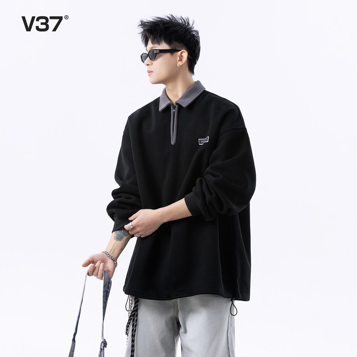 V37黑色重磅半拉链撞色翻领卫衣男秋季潮牌百搭宽松休闲运动上衣