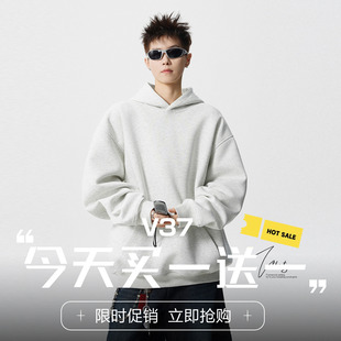 V37复古简约风纯色连帽卫衣男春季 vintage宽松休闲慵懒风潮牌外套