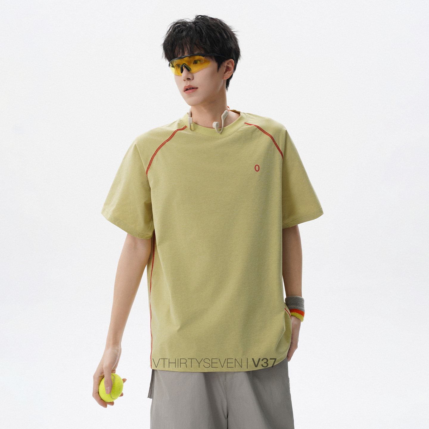 V37美式撞色线条T恤男夏季宽松户外骑行短袖休闲潮牌运动半袖上衣