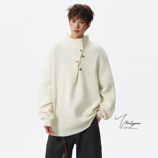 V37老钱风设计感纽扣高领毛线衣男冬美式 上衣 宽松慵懒纯色针织衫