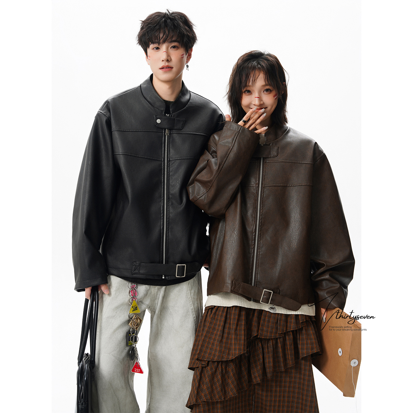 V37美式短款工装皮衣夹克男秋季高级感痞帅机车服哈灵顿立领外套