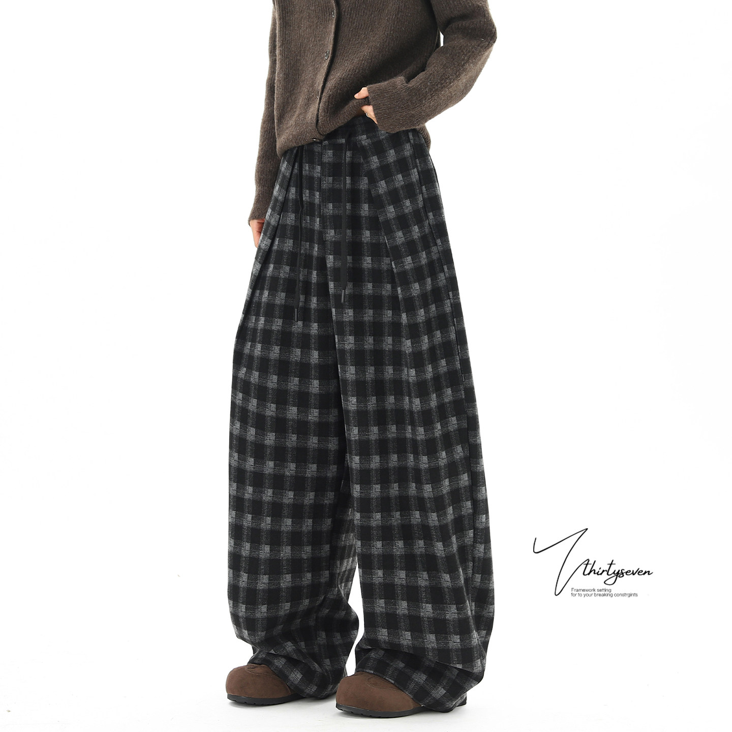 日系vintage压褶设计格子休闲裤