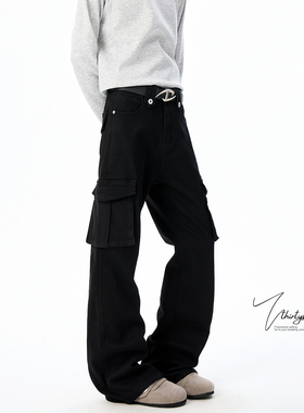 V37美式bootcut黑色工装牛仔裤男款秋季高街复古水洗显瘦微喇裤子