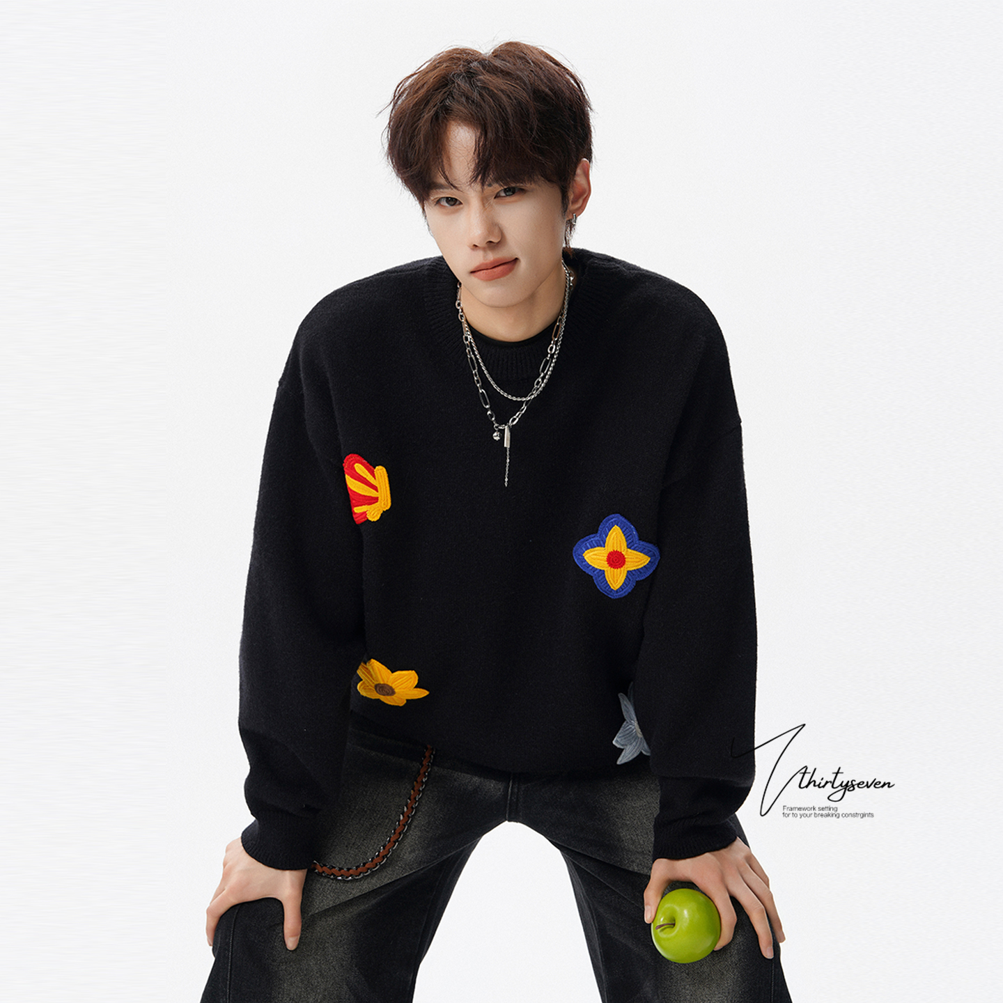 V37美式重磅提花刺绣圆领毛衣