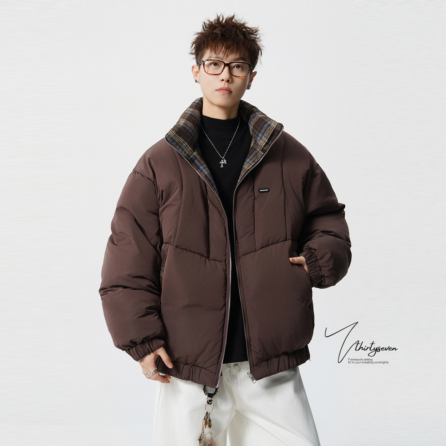 冬季加厚保暖立领格纹拼接棉衣男