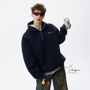 V37美式潮牌手缝线半开襟连帽卫衣男春季藏青色宽松休闲情侣帽衫