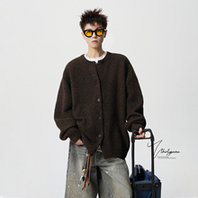 V37美式慵懒风chic纽扣开衫毛衣男款秋季潮牌复古纯色针织衫外套