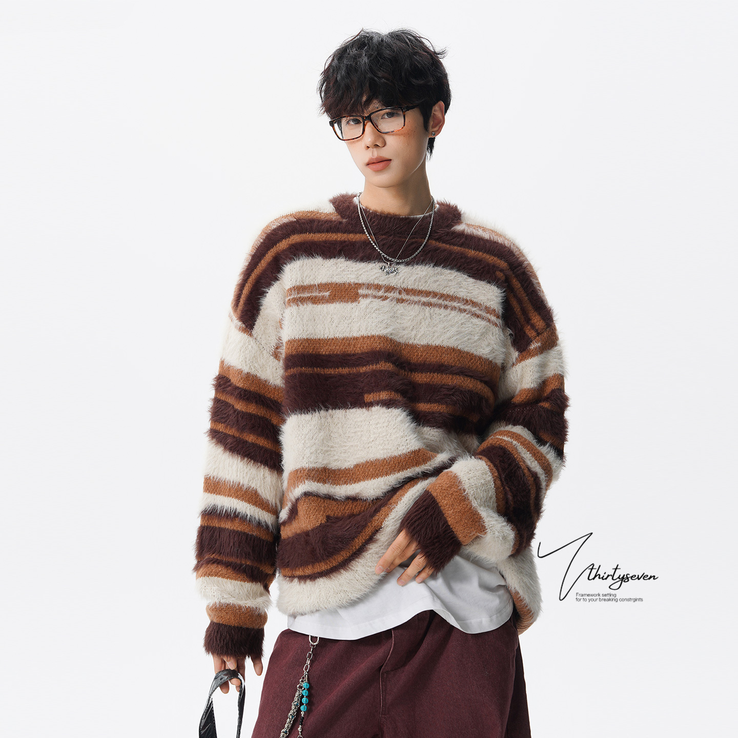 美式撞色条纹马海毛情侣针织衫男