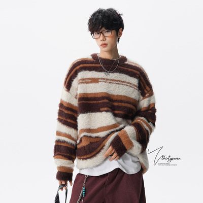 美式撞色条纹马海毛情侣针织衫男