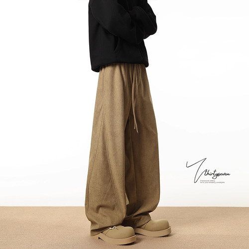V37美式卡其色直筒弯刀裤
