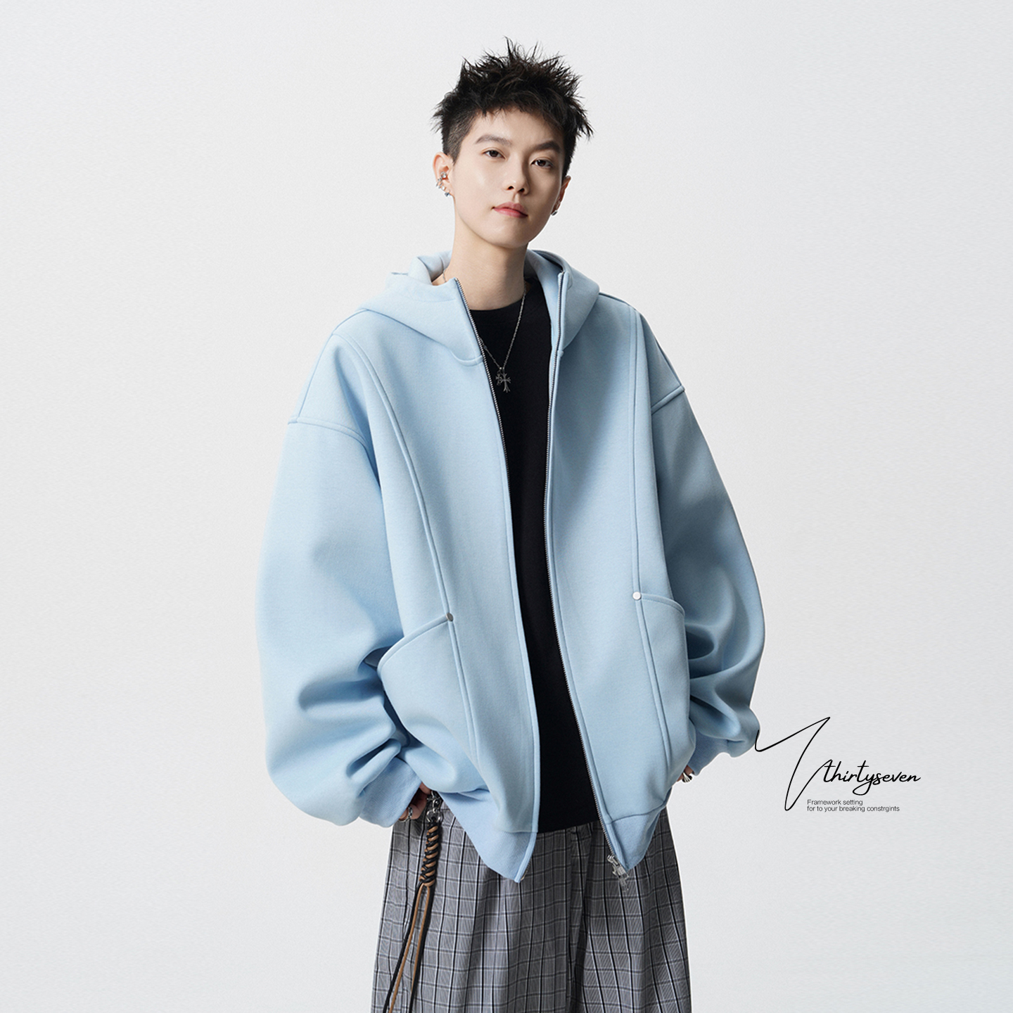 美式欧若风高领连帽开衫外套