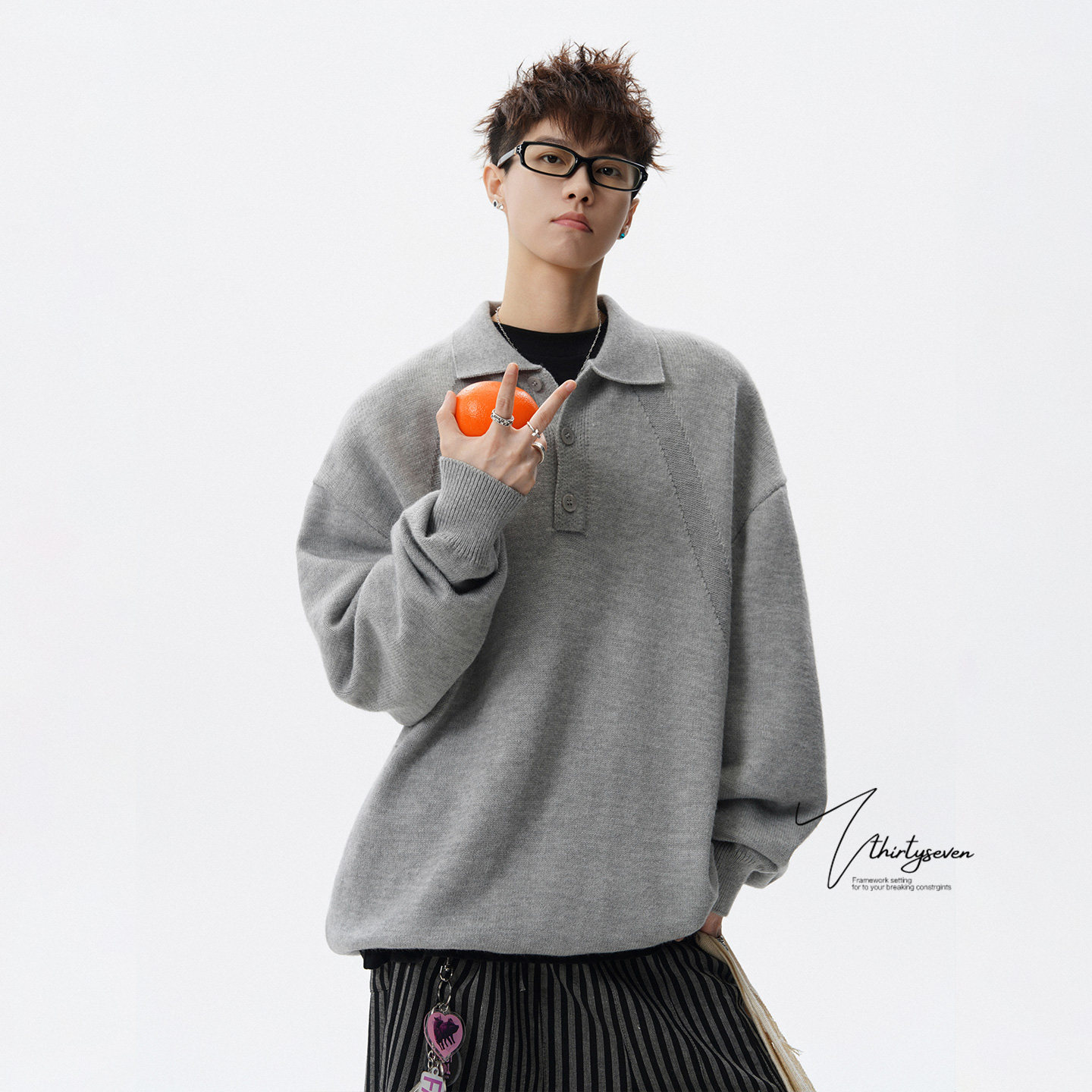 美式重磅格雷系灰色POLO翻领毛衣