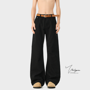 宽松百搭直筒阔腿长裤 男春季 潮牌cleanfit黑色微喇休闲裤 V37美式