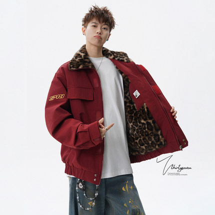 V37高街豹纹拼接加厚座山雕棉衣男冬美式潮牌bomber短款夹克棉服