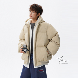 V37美式 潮牌痞帅保暖连帽棉衣外套 重磅加厚帆布皮面包棉服男冬季