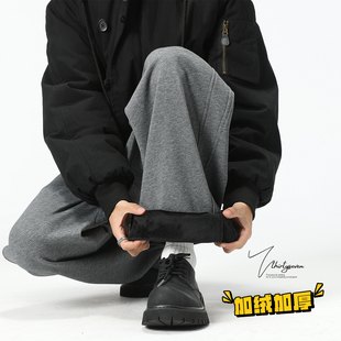 加绒保暖直筒宽松长裤 美式 男冬季 V37重磅复古深灰色廓形弯刀卫裤