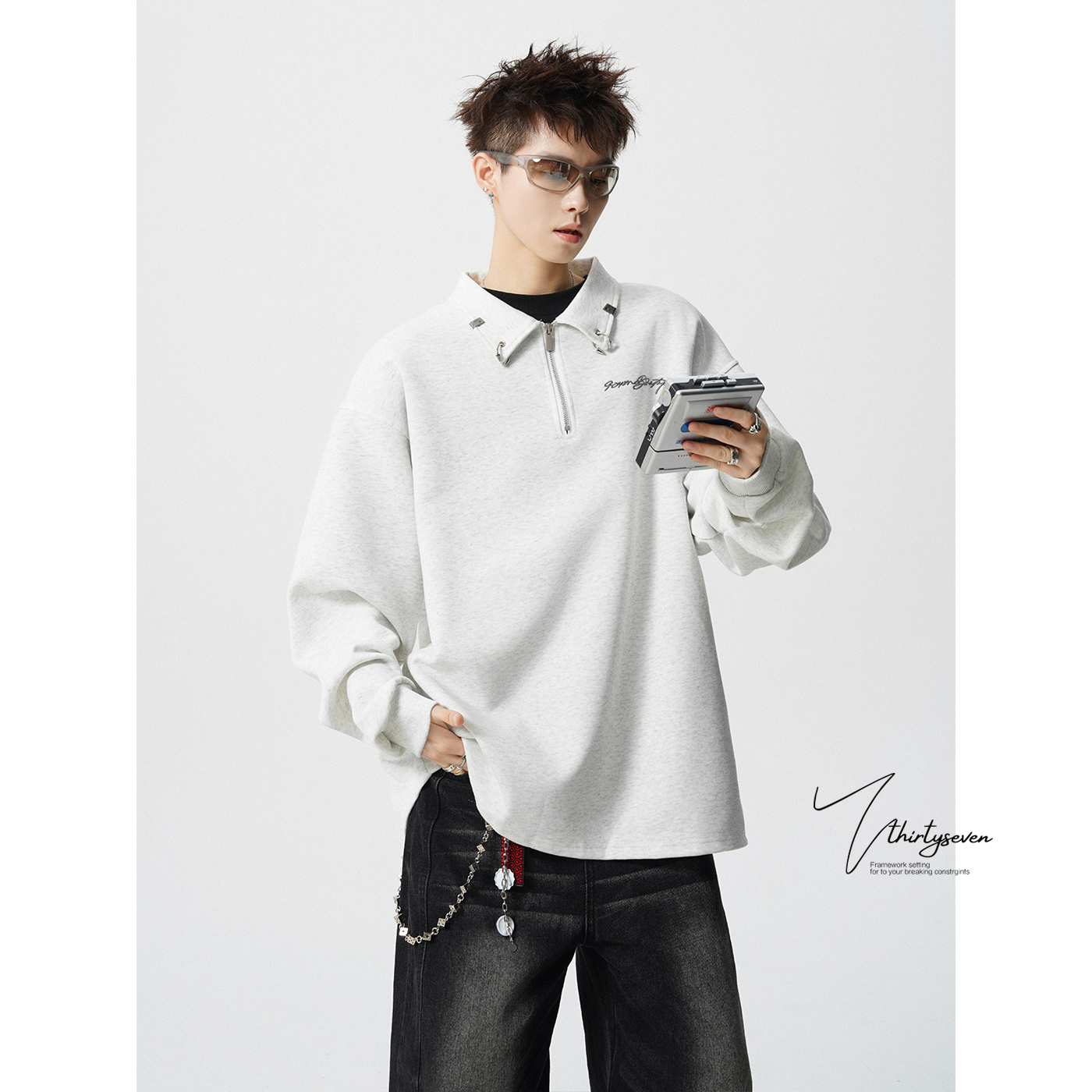 美式复古白花灰POLO领卫衣男