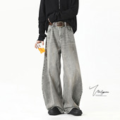 潮牌设计感水洗宽松阔腿裤 V37美式 春季 男款 子 泼墨做旧弯刀牛仔裤
