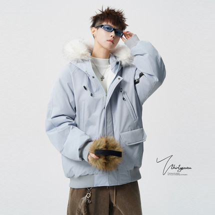 V37美式氛围感毛领工装派克服男冬季潮牌设计感保暖加厚连帽棉衣
