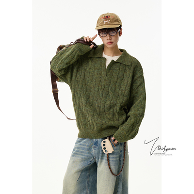 假两件翻领麻花套头毛衣男款