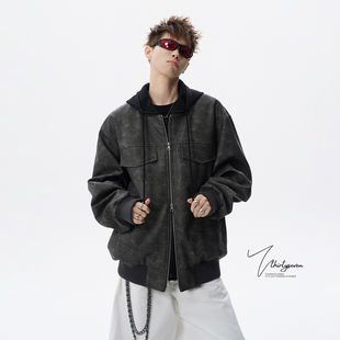 V37美式复古扎染假两件连帽夹克男春季潮牌宽松工装黑色情侣外套