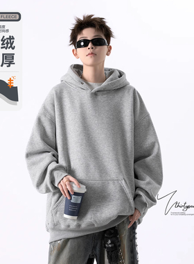 V37美式重磅复古灰色连帽卫衣男款秋季潮牌街头宽松运动帽衫外套